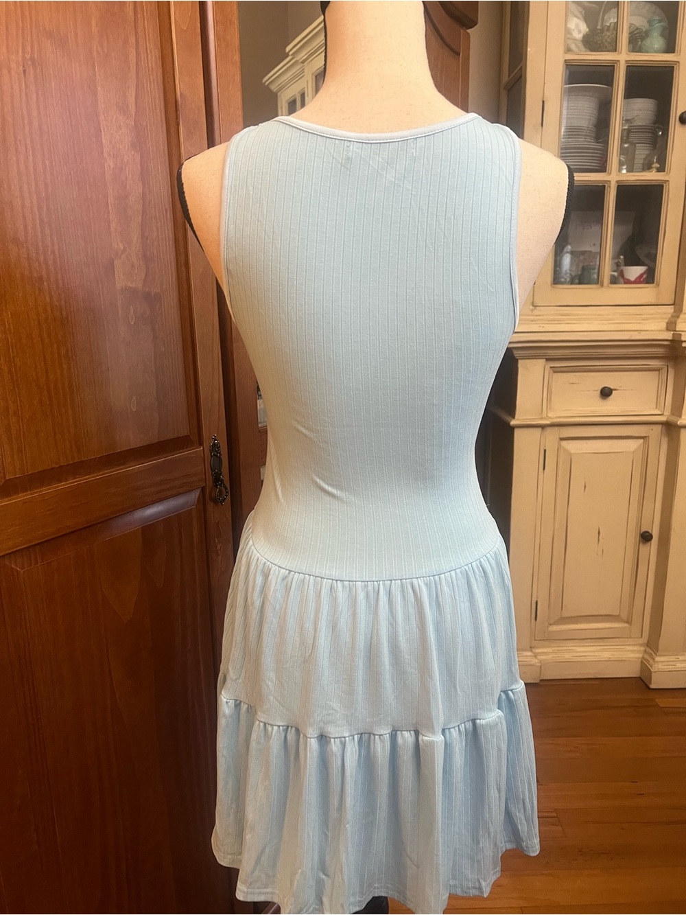 Sleeveless Light Blue Crochet-Front Mini Dress - Picture 5 of 8